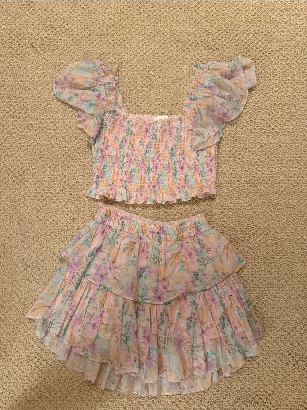 Girls Pastel Floral Smocked Two-Piece Set - Pink & Mint